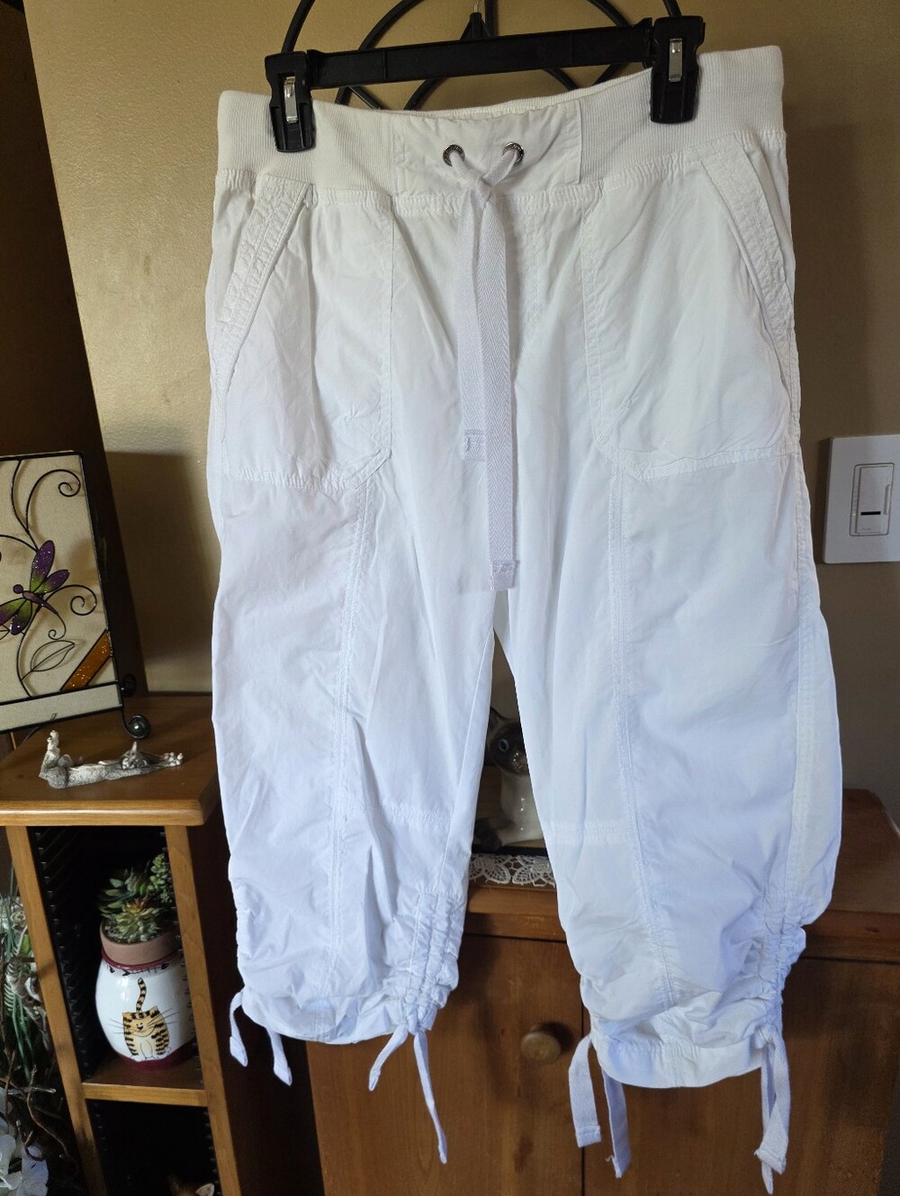 Calvin Klein White 100% Cotton High Rise  Drawstring Pull-On Cargo Capris Size S